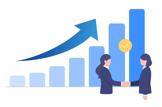 右肩上がりのグラフと握手を交わす人