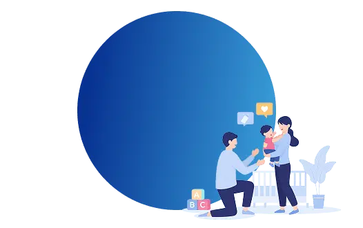 育児休業取得者（男女含）を表すグラフと家族で過ごす人たち