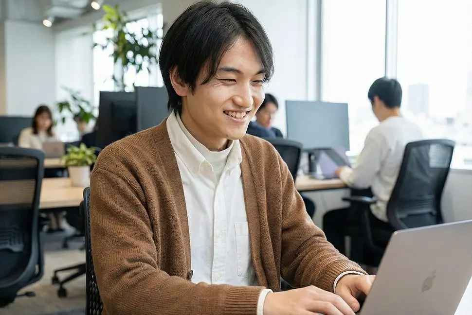 笑顔でパソコン作業をする男性