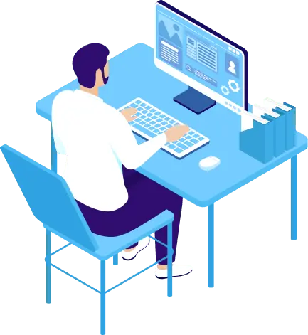 デスクでパソコン作業をする男性のイラスト