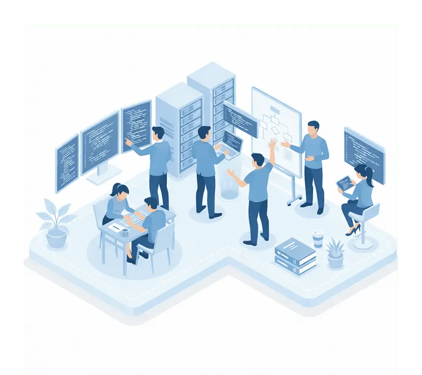 オフィスで作業や打ち合わせをしているイラスト