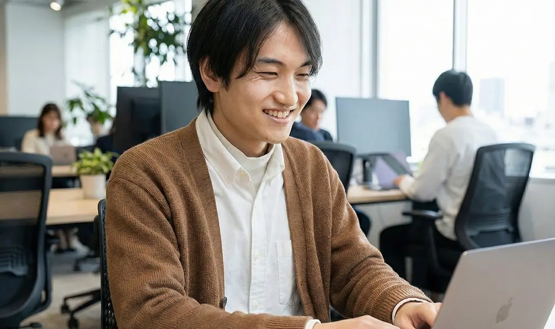 笑顔でパソコン作業をする男性