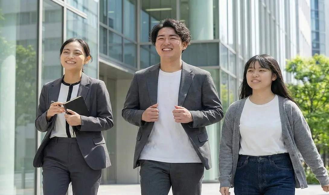 外を横並びで歩く３人