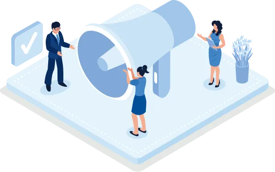 メガホンを囲む人々