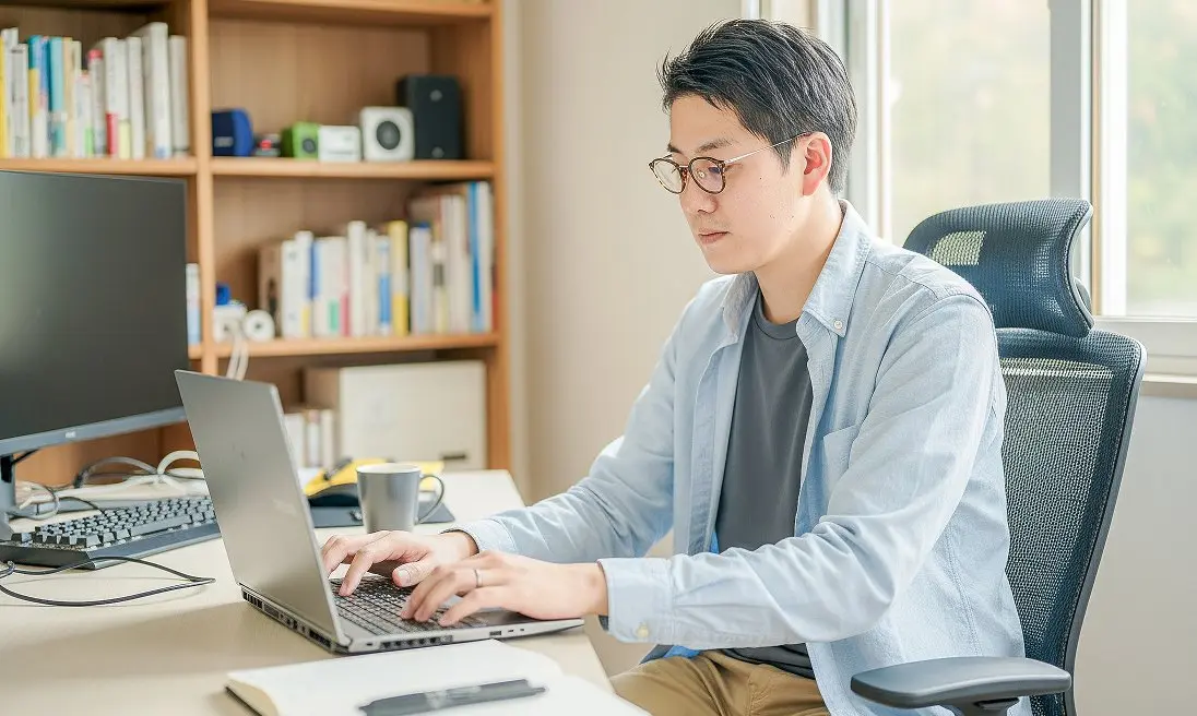 在宅でパソコン作業をしている男性